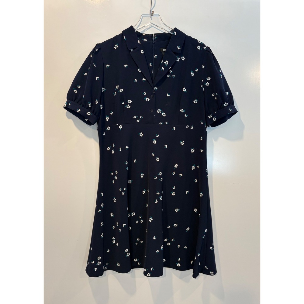 DKNY Donna Karan New York‎ Navy Floral Puff Sleeve Collared Dress Womens Size 16